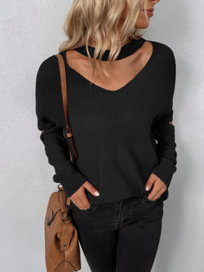 Fashion Hollow Zipper Long Sleeve Sweater