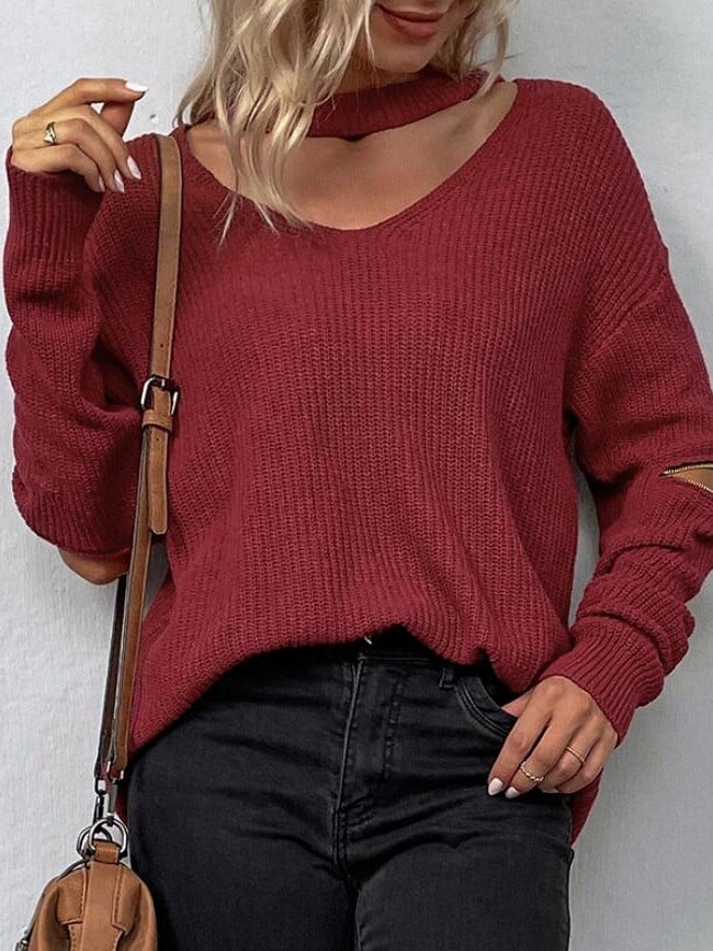 Fashion Hollow Zipper Long Sleeve Sweater