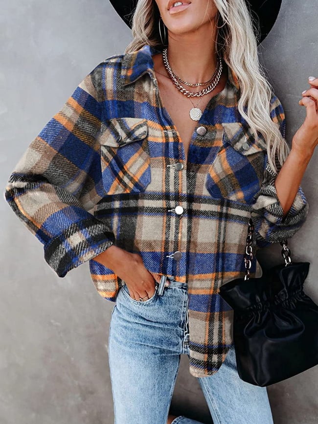 Geometric Woolen Plaid Print Pocketed Jacket