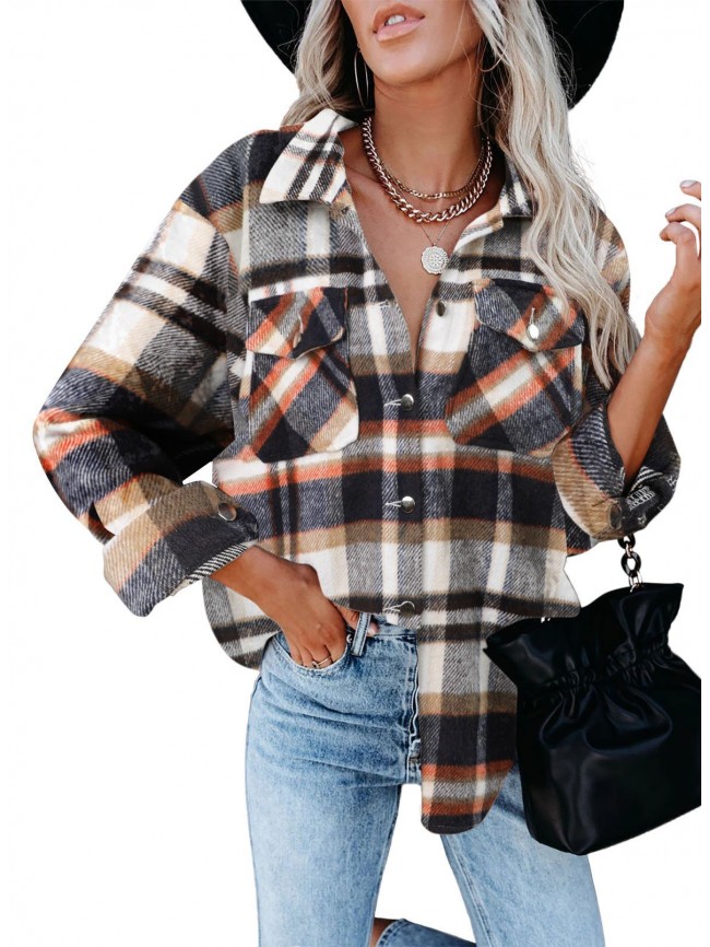 Geometric Woolen Plaid Print Pocketed Jacket