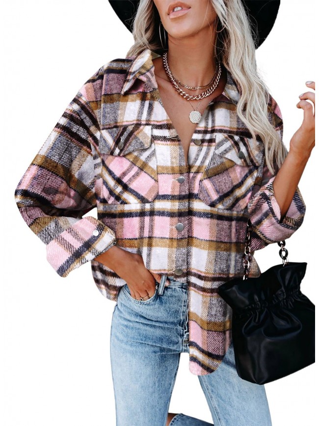 Geometric Woolen Plaid Print Pocketed Jacket