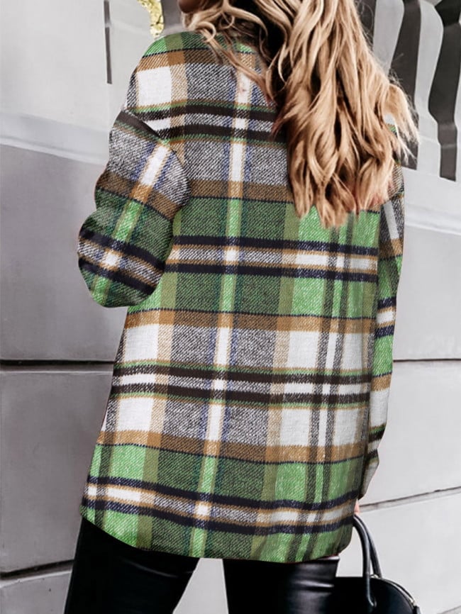 Geometric Woolen Plaid Print Pocketed Jacket