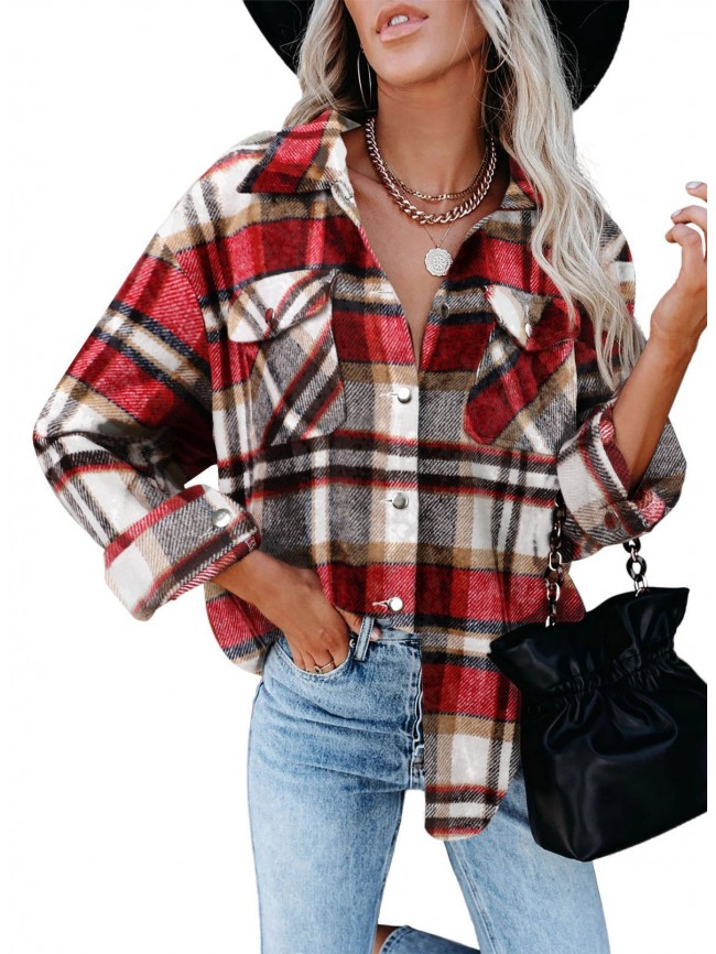 Geometric Woolen Plaid Print Pocketed Jacket