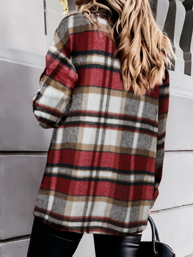 Geometric Woolen Plaid Print Pocketed Jacket