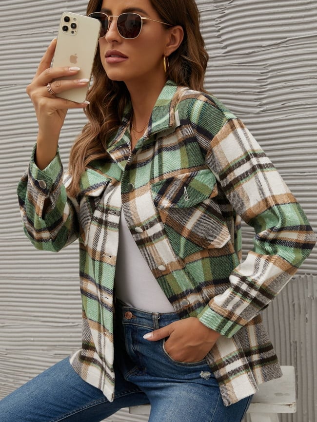 Geometric Woolen Plaid Print Pocketed Jacket