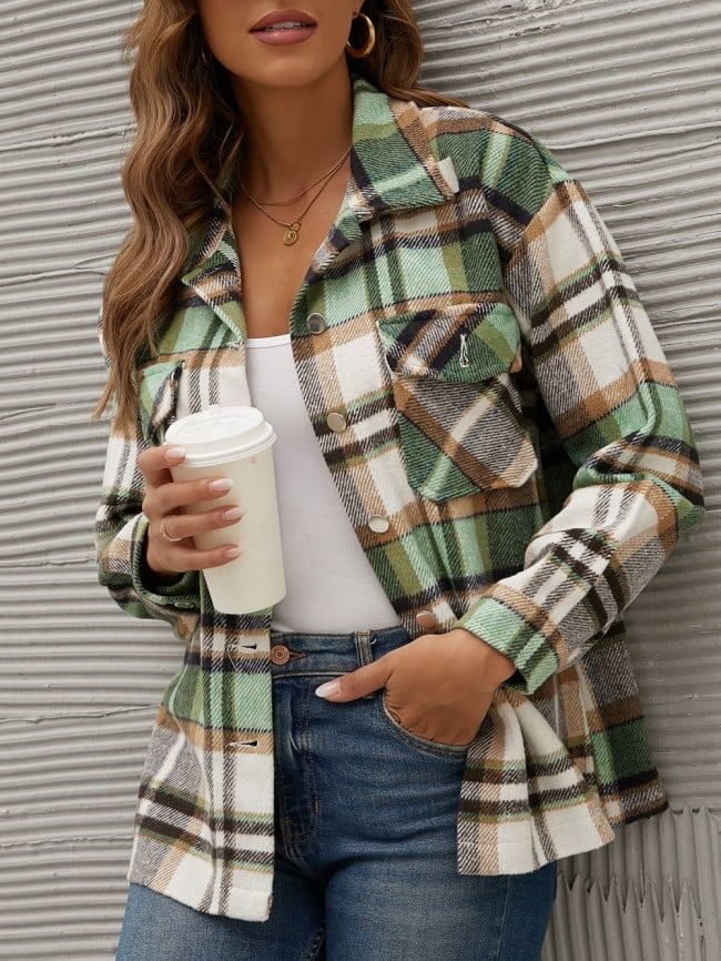 Geometric Woolen Plaid Print Pocketed Jacket