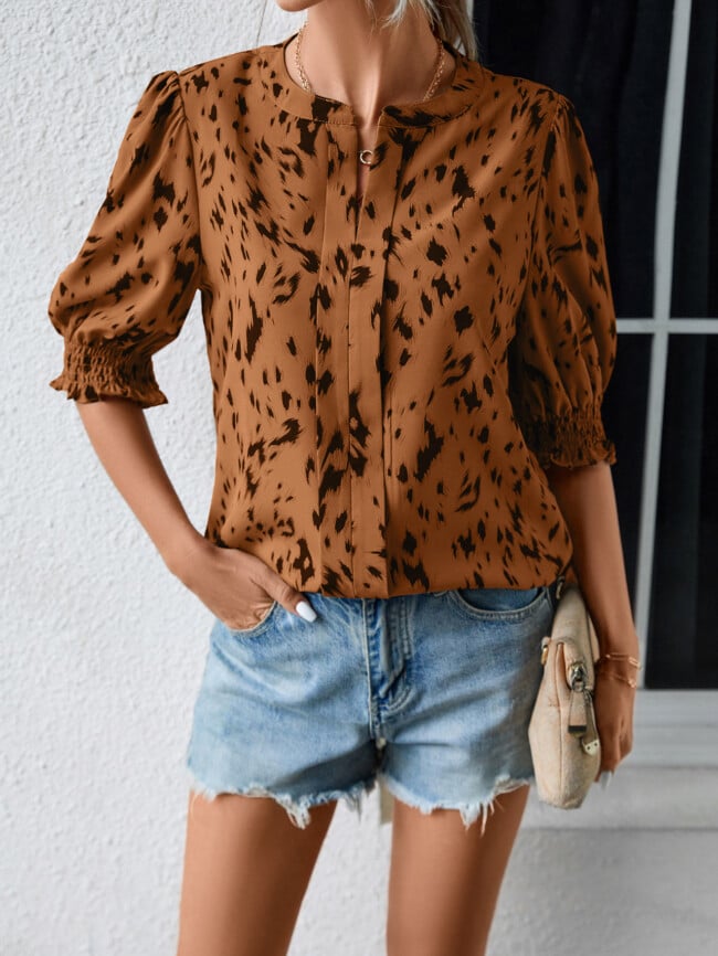 Leopard Print Round Neck Ruffle Sleeve T...