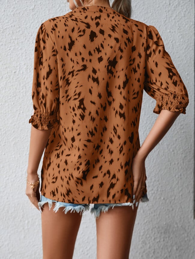 Leopard Print Round Neck Ruffle Sleeve Top