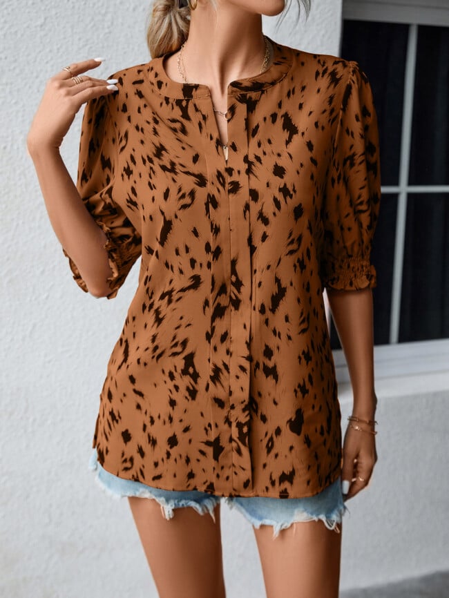 Leopard Print Round Neck Ruffle Sleeve Top