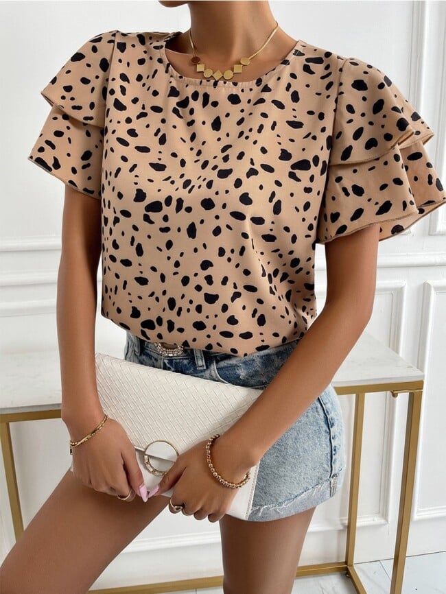 Leopard Ruffle Sleeve Loose Top