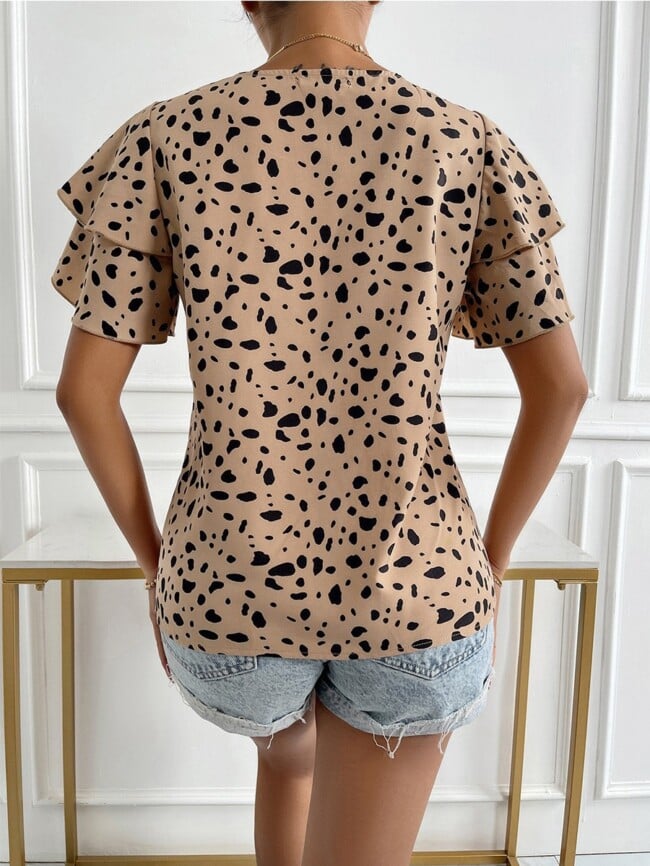 Leopard Ruffle Sleeve Loose Top