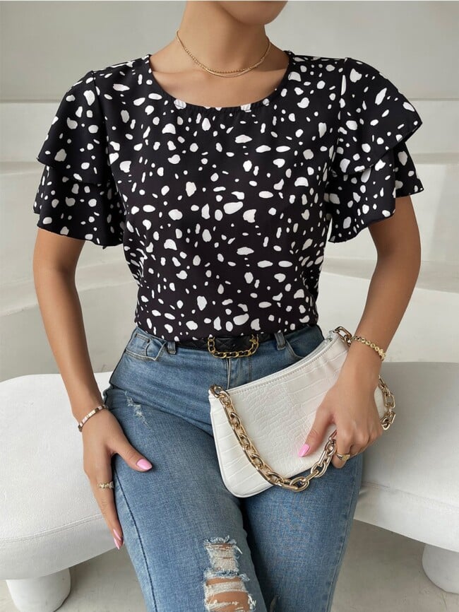 Leopard Ruffle Sleeve Loose Top