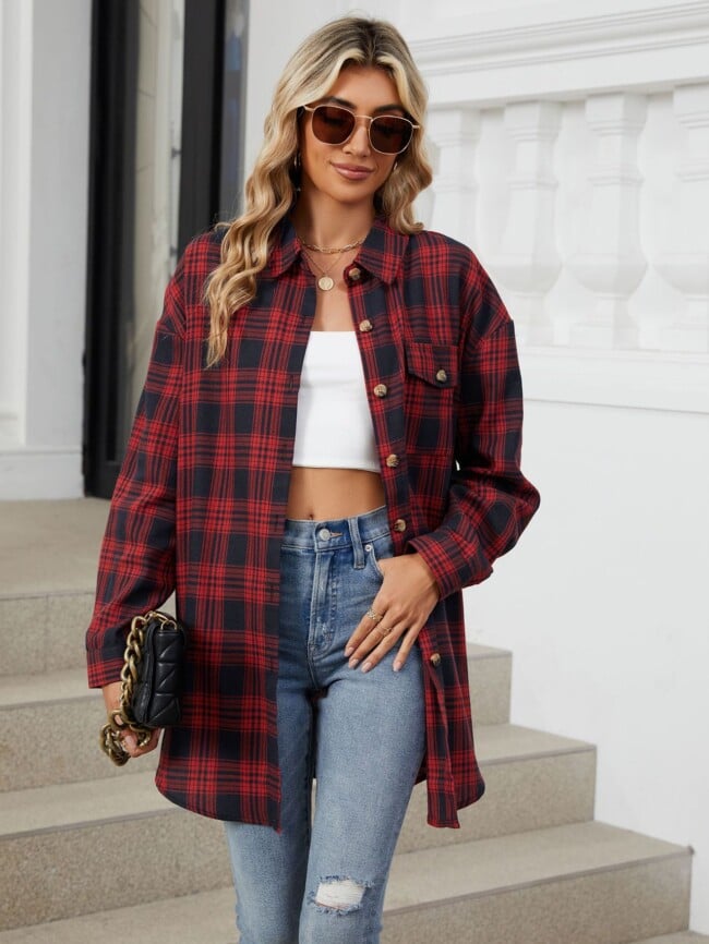 Plaid Print Chest Pocket Oversize Shirt