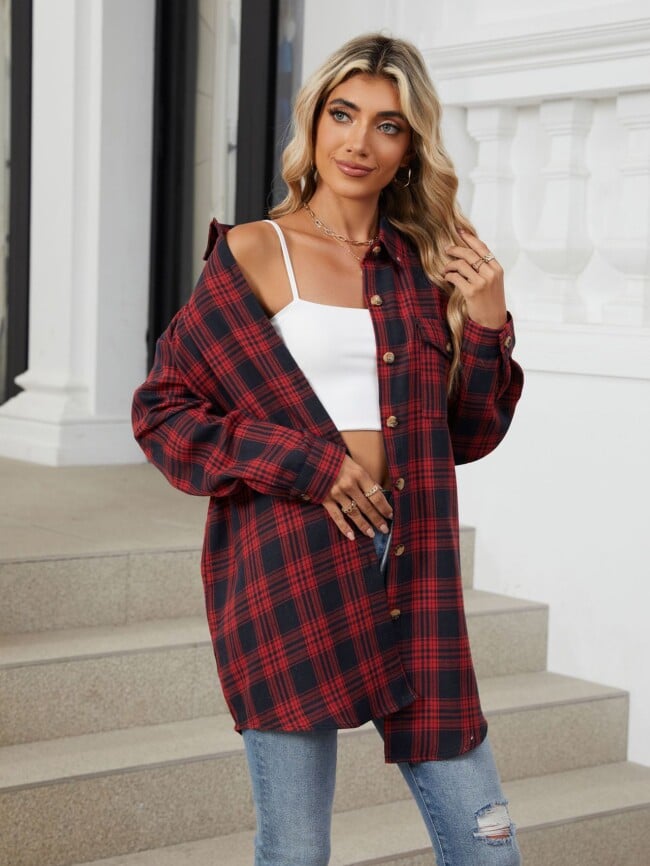 Plaid Print Chest Pocket Oversize Shirt