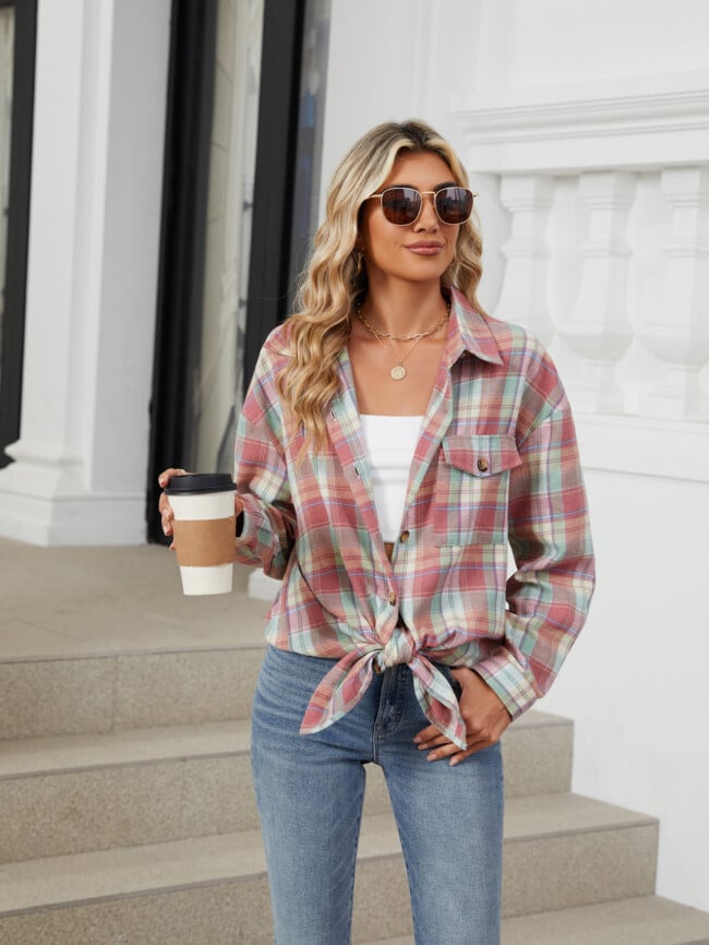 Plaid Print Chest Pocket Oversize Shirt