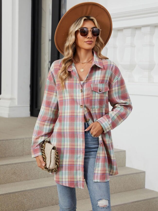 Plaid Print Chest Pocket Oversize Shirt