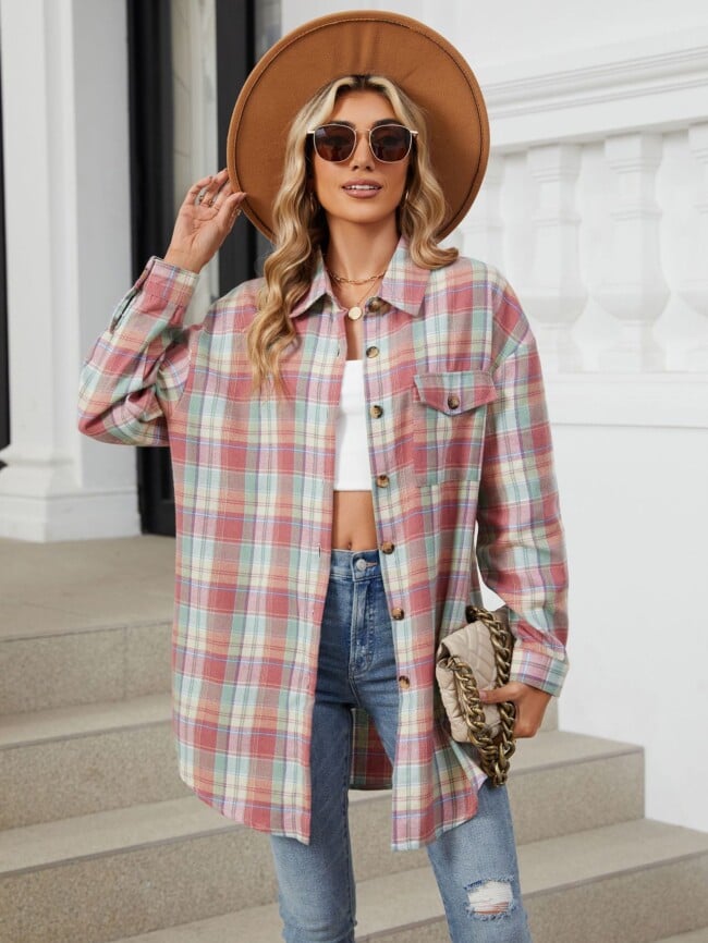 Plaid Print Chest Pocket Oversize Shirt