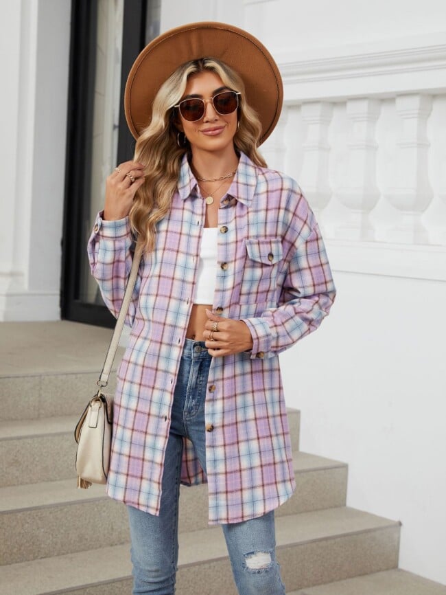 Plaid Print Chest Pocket Oversize Shirt