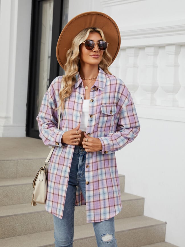 Plaid Print Chest Pocket Oversize Shirt