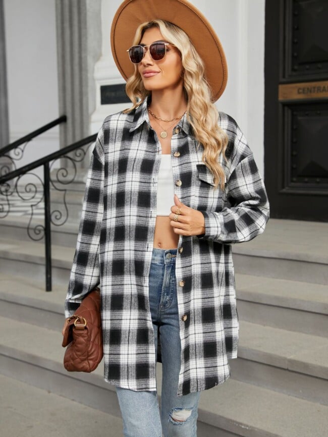 Plaid Print Chest Pocket Oversize Shirt