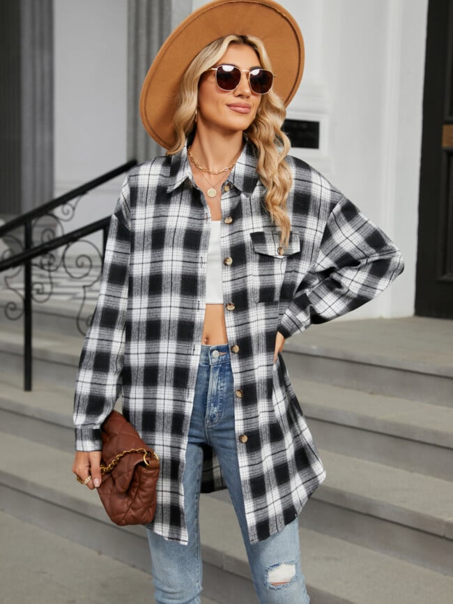 Plaid Print Chest Pocket Oversize Shirt