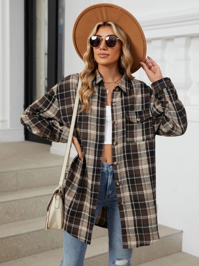 Plaid Print Chest Pocket Oversize Shirt