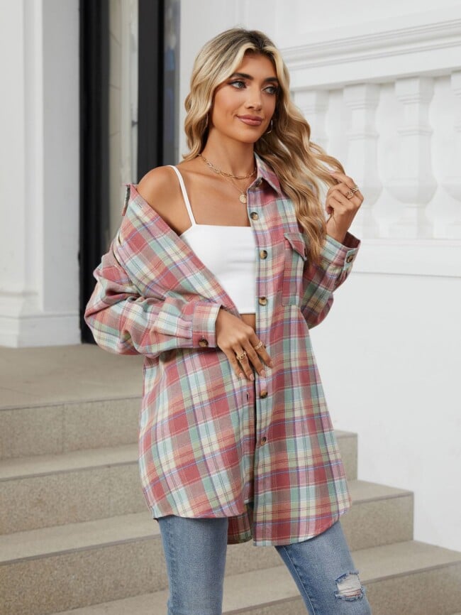 Plaid Print Chest Pocket Oversize Shirt