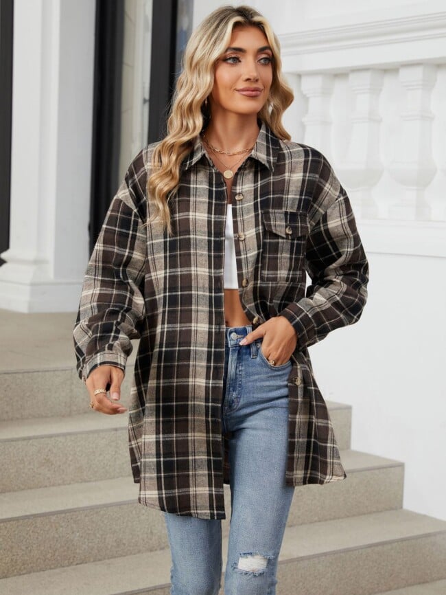 Plaid Print Chest Pocket Oversize Shirt