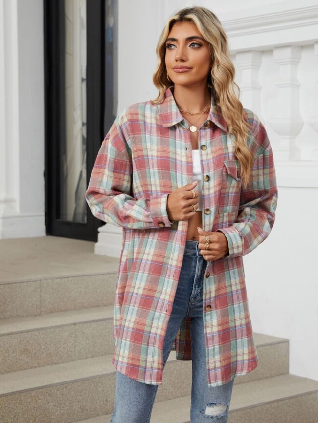 Plaid Print Chest Pocket Oversize Shirt