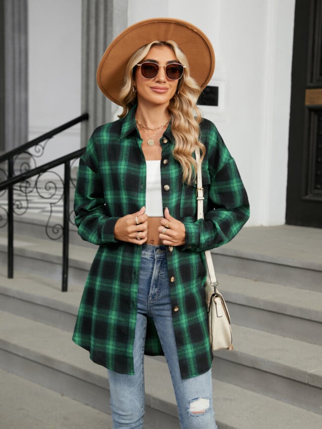 Plaid Print Chest Pocket Oversize Shirt