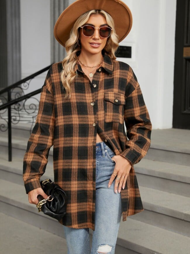 Plaid Print Chest Pocket Oversize Shirt