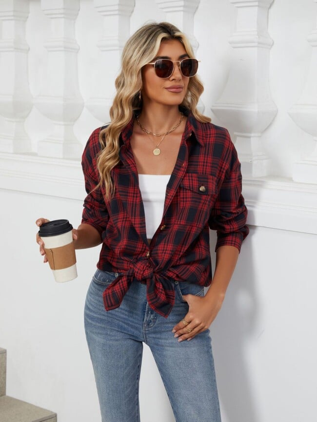 Plaid Print Chest Pocket Oversize Shirt