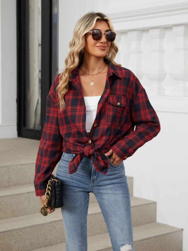 Plaid Print Chest Pocket Oversize Shirt