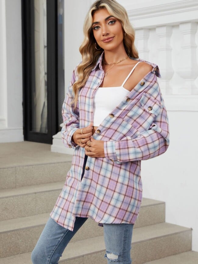 Plaid Print Chest Pocket Oversize Shirt