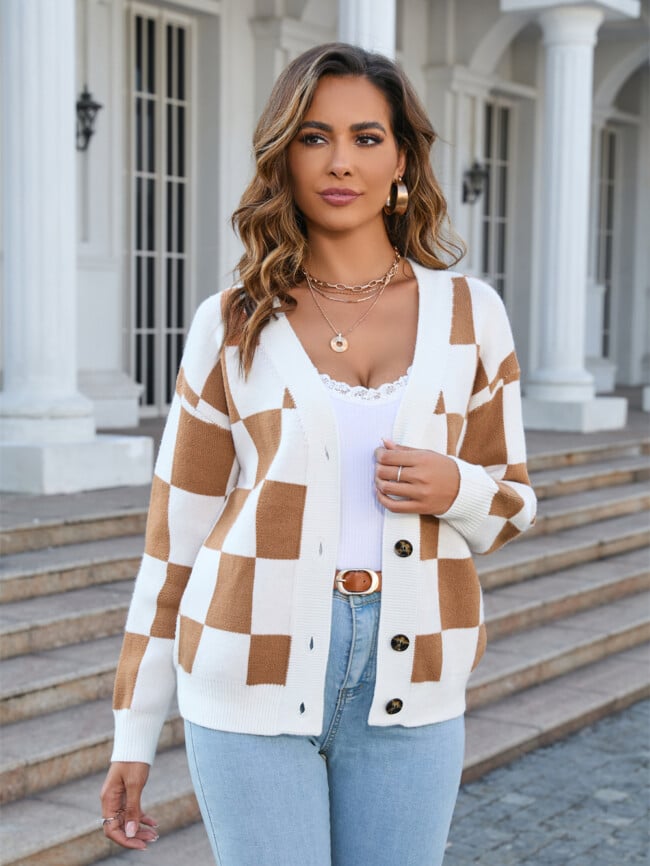 Plaid V Neck Button Cardigan