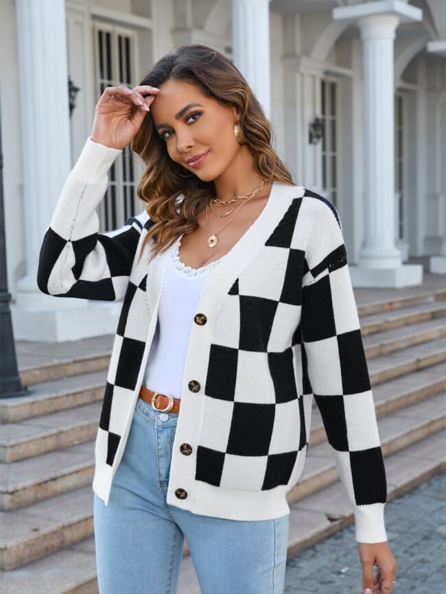 Plaid V Neck Button Cardigan