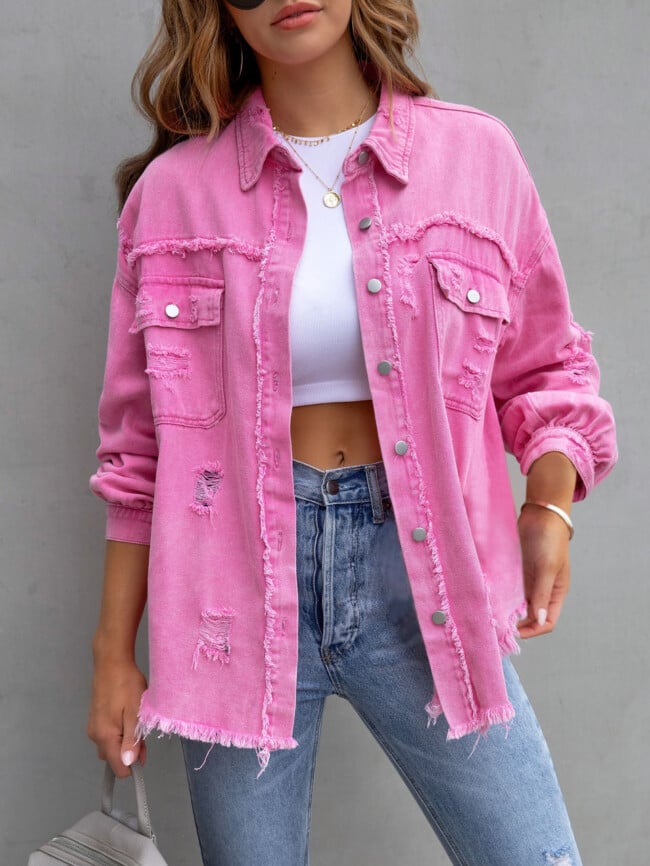 Raw edge ripped denim jacket