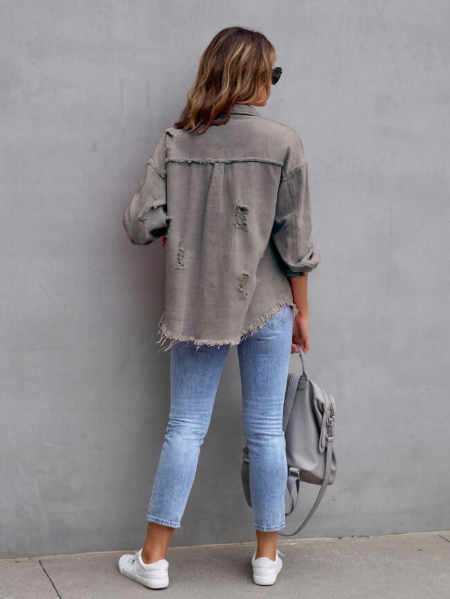 Raw edge ripped denim jacket