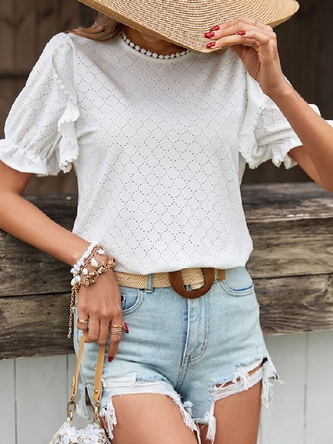 Round Neck Hollow Ruffle Sleeve T-Shirt