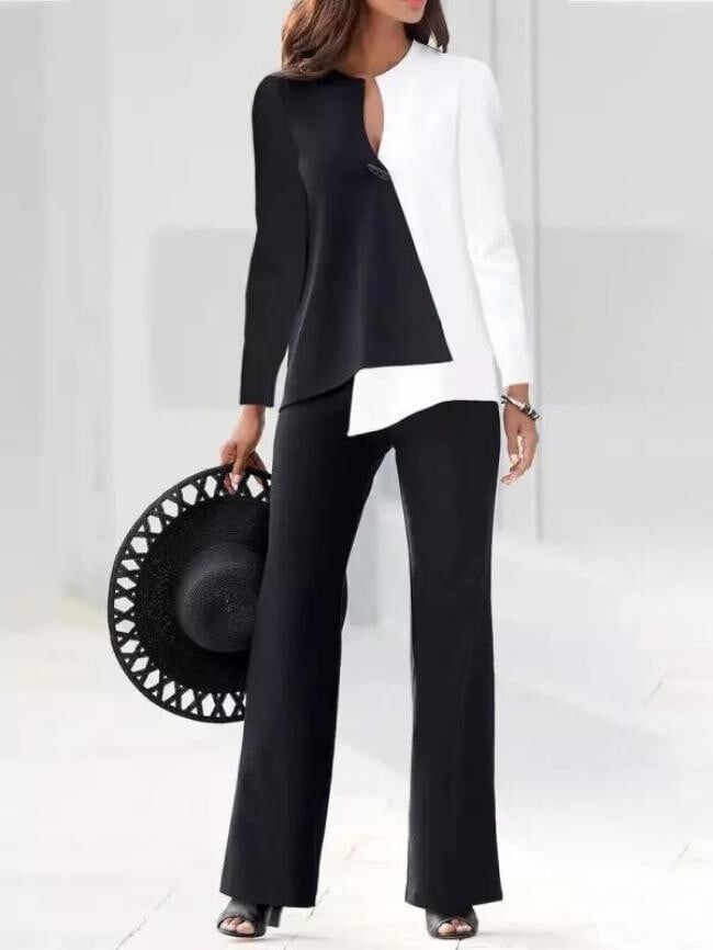 Simple Color-block V-neck Two-piece Suit