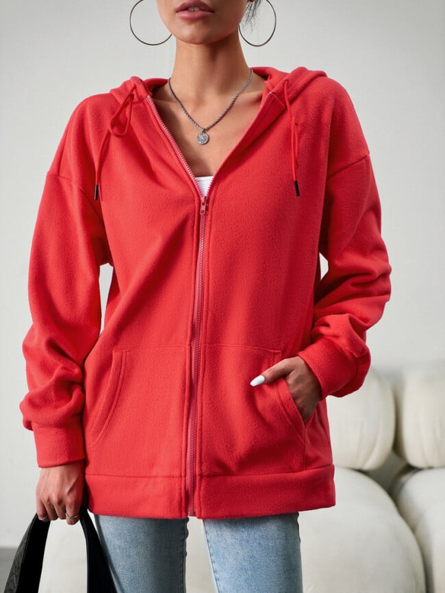 Solid Color Casual Zip Hooded Jacket