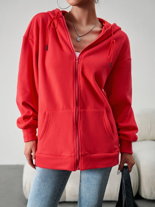 Solid Color Casual Zip Hooded Jacket