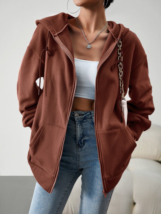 Solid Color Casual Zip Hooded Jacket