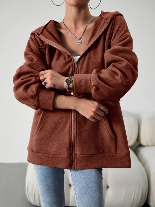 Solid Color Casual Zip Hooded Jacket