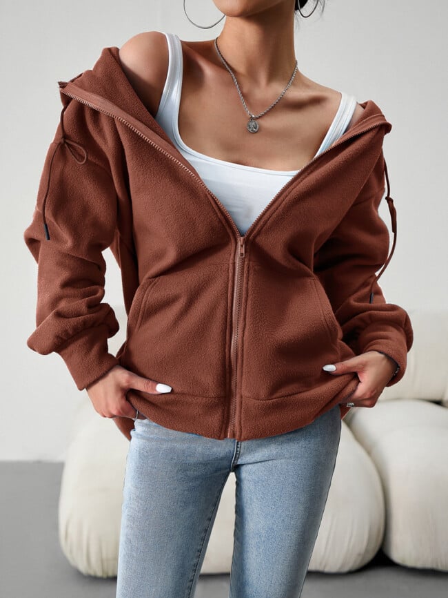 Solid Color Casual Zip Hooded Jacket