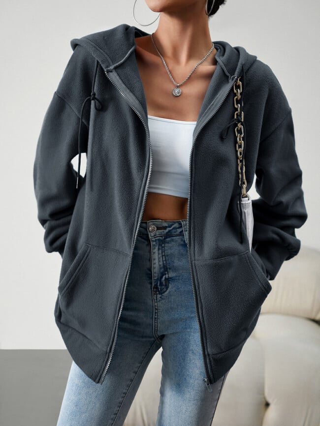 Solid Color Casual Zip Hooded Jacket