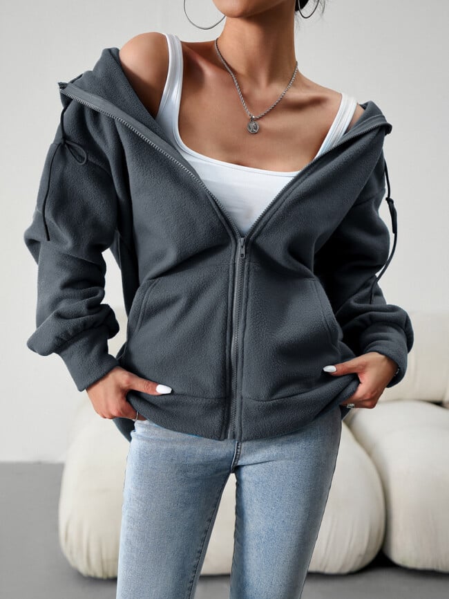 Solid Color Casual Zip Hooded Jacket