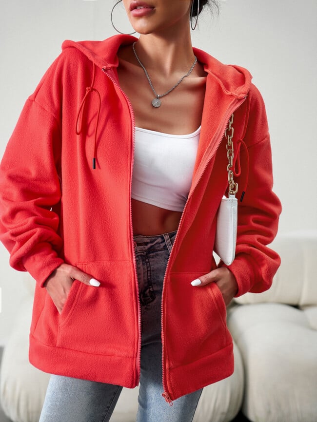 Solid Color Casual Zip Hooded Jacket