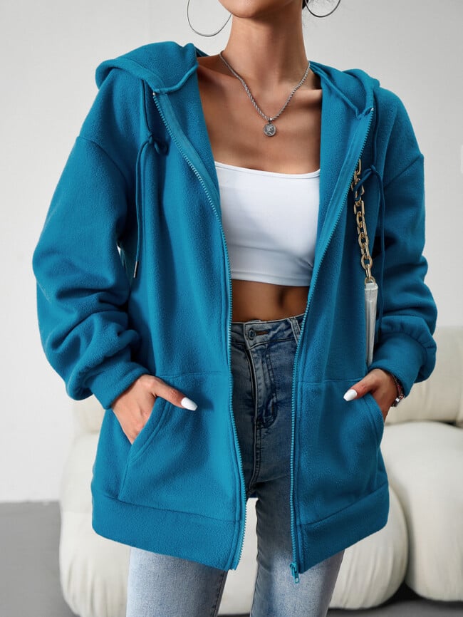 Solid Color Casual Zip Hooded Jacket