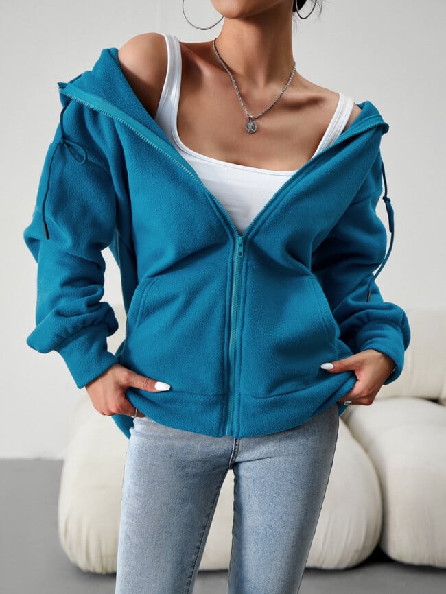 Solid Color Casual Zip Hooded Jacket